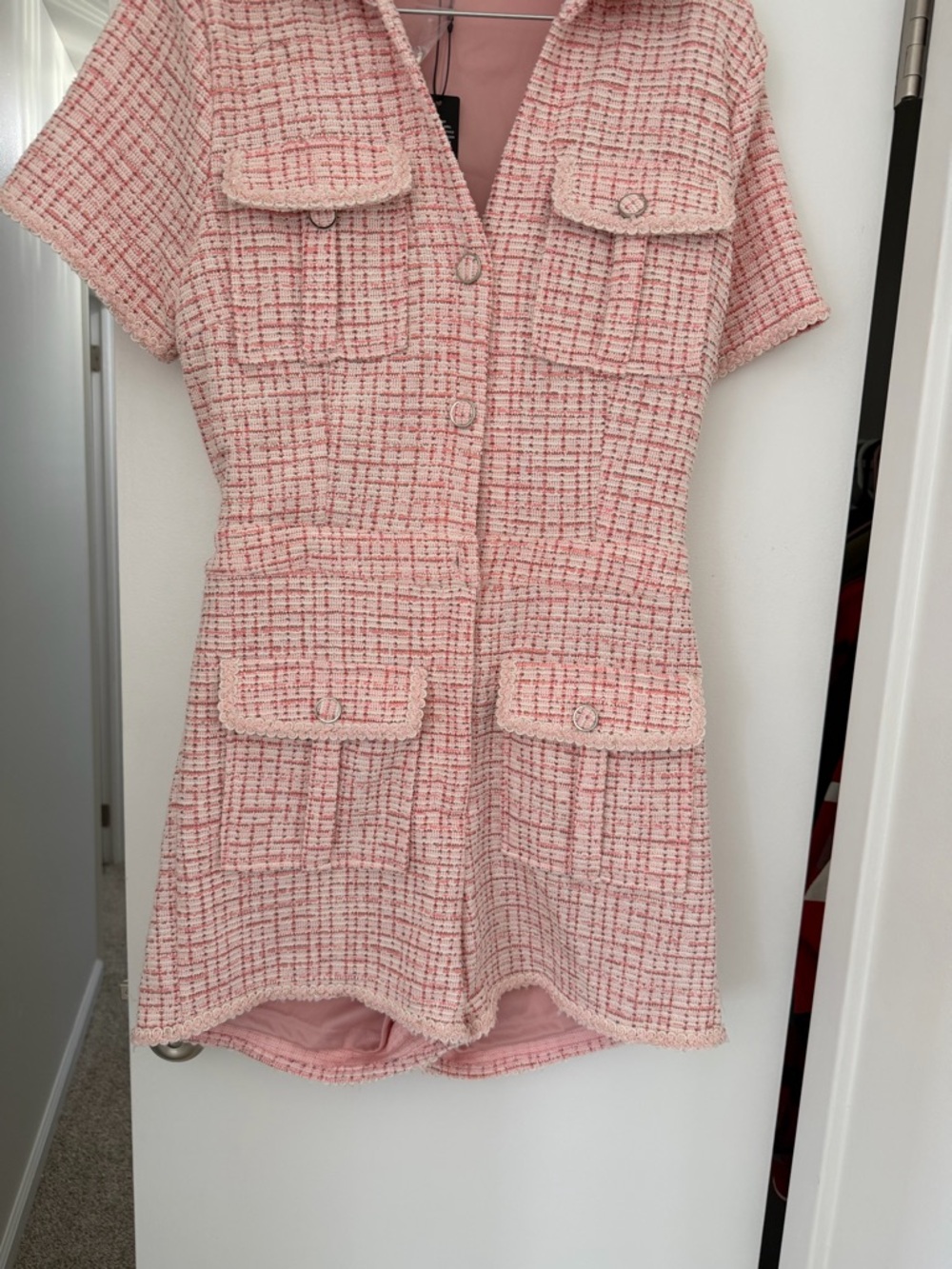 Womens Pink Tweed Short Sleeve Jacket Dress
